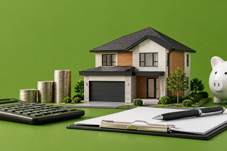Maquette d'une maison neuve sur fond vert, avec une calculatrice, des piles de pièces, une tirelire et un porte-bloc
