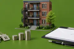 Maquette d'un plex montréalais en brique sur fond vert, avec un trousseau de clés, des piles de pièces et une enveloppe