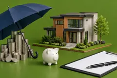 Maquette d'une maison contemporaine et parapluie qui abrite une pile de pièces, avec une petite tirelire et un porte-bloc