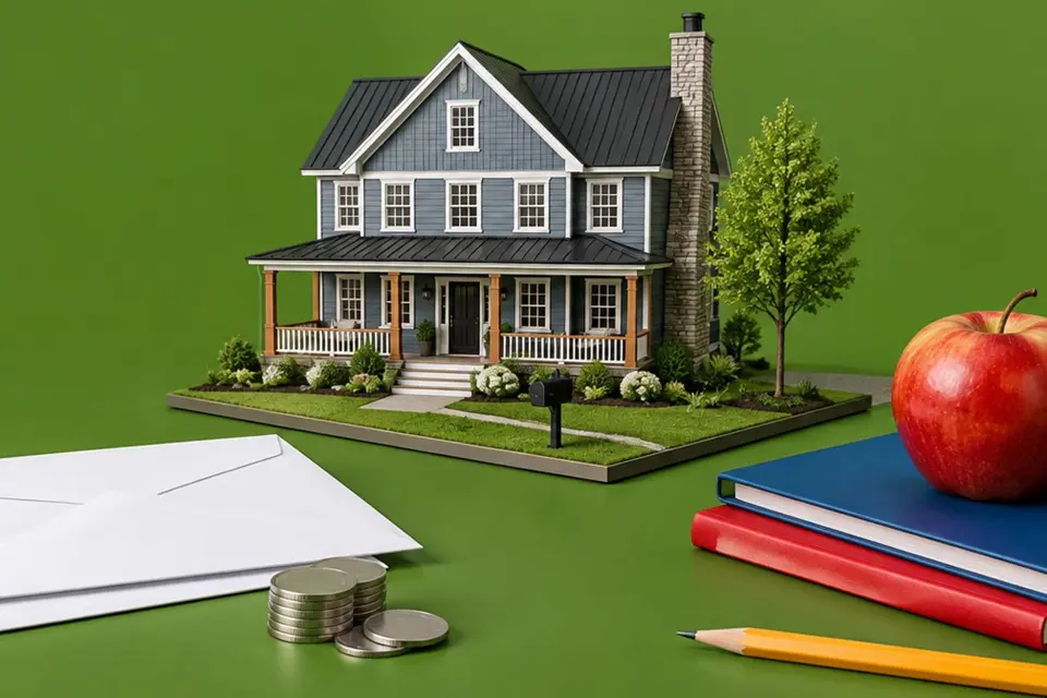 Maquette d'une maison neuve de style champêtre, avec deux enveloppes, des pièces, une pomme sur des livres et un crayon