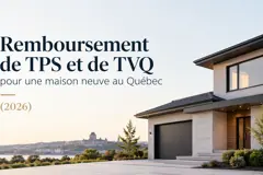Maison neuve contemporaine au coucher du soleil, avec le fleuve Saint-Laurent et le Château Frontenac en arrière-plan