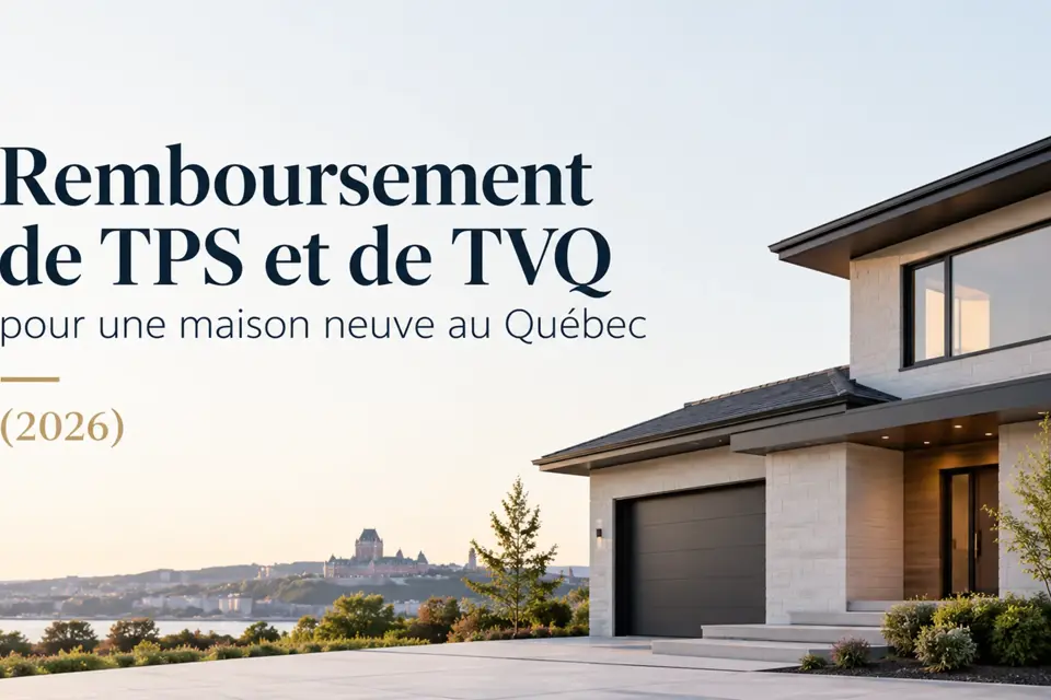 Maison neuve contemporaine au coucher du soleil, avec le fleuve Saint-Laurent et le Château Frontenac en arrière-plan